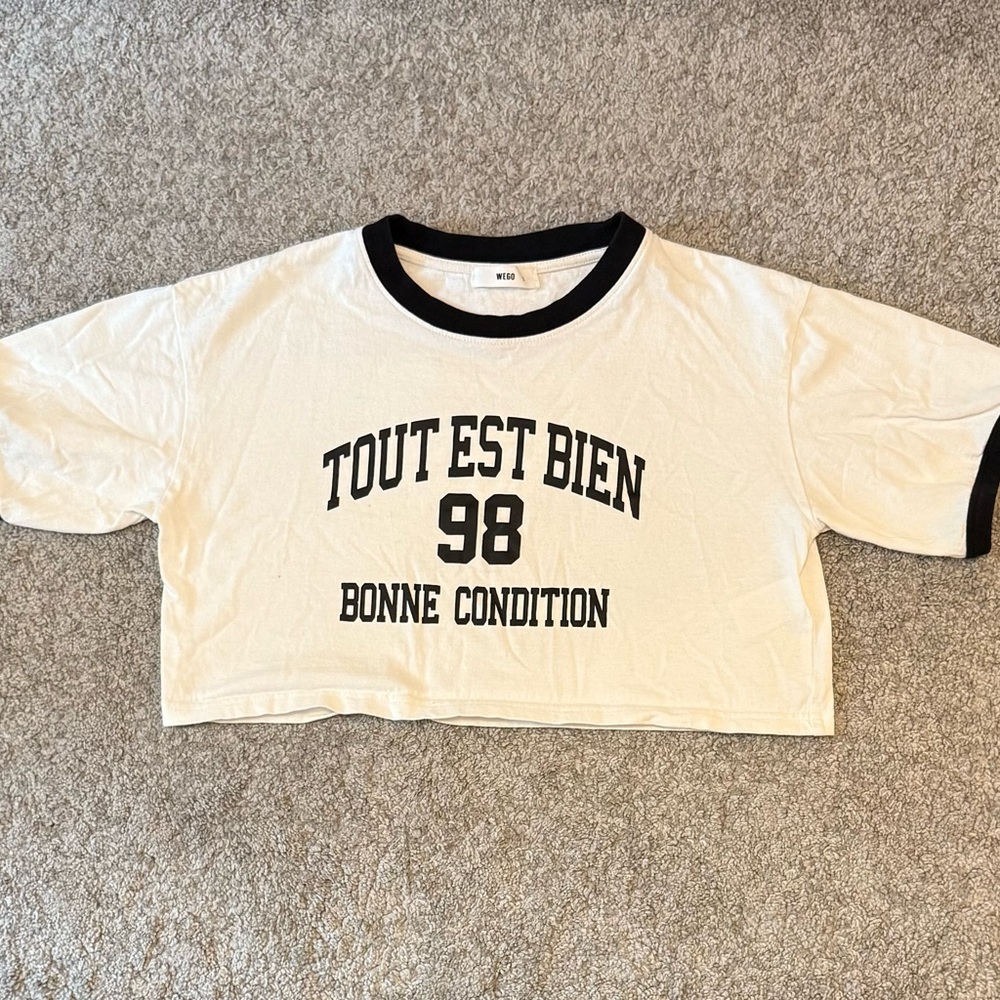 White and Black Jersey Top with Retro Graphics